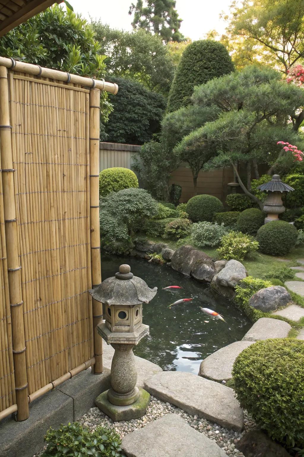 A bamboo screen supplying privacy in a Japanese garden.