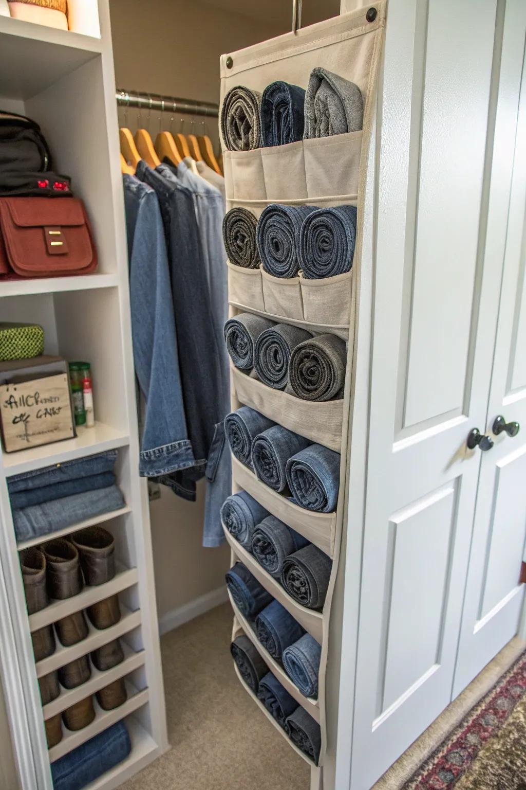 Reassign a shoe organizer for a resourceful jeans storage trick.