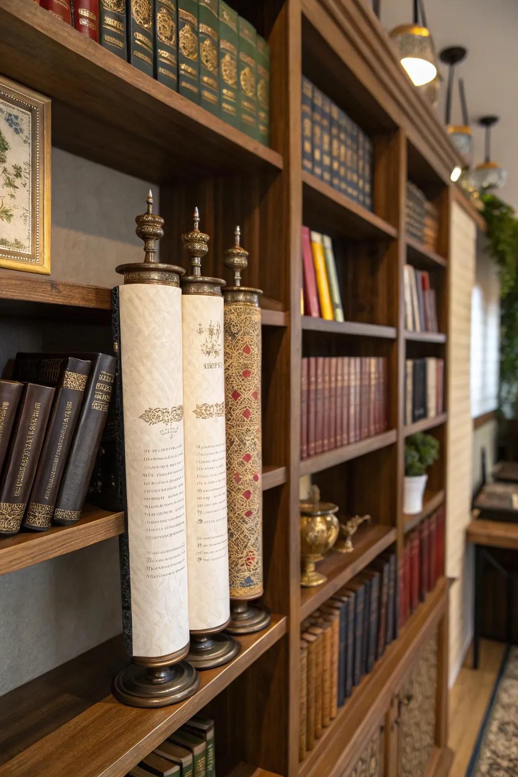 Diminutive sacred text scrolls introducing an educational element to decor.