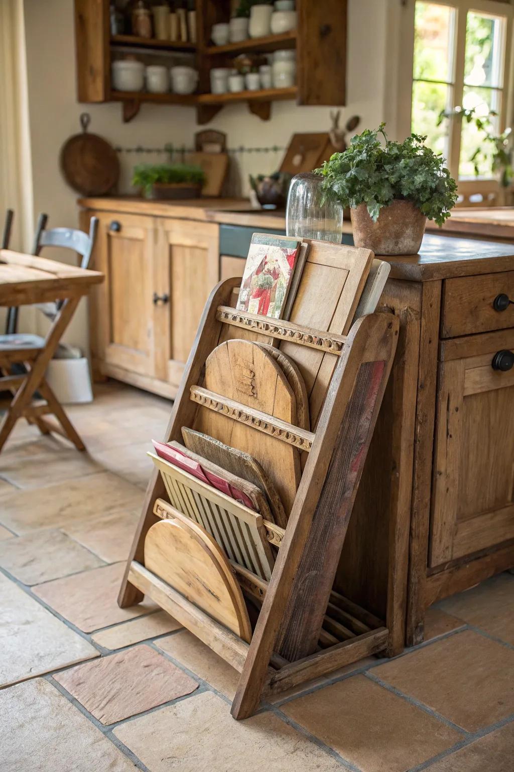 A retro magazine holder provides a unique, charming way to display chopping surfaces.