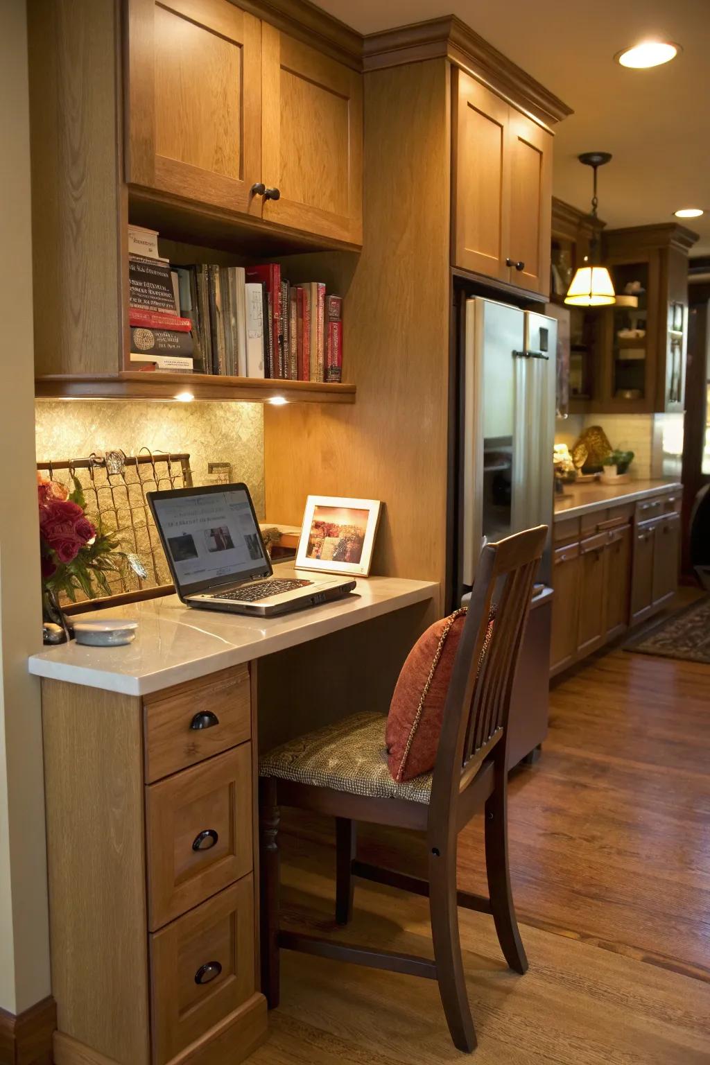 A built-in desk transforms a corner into a functional work area.