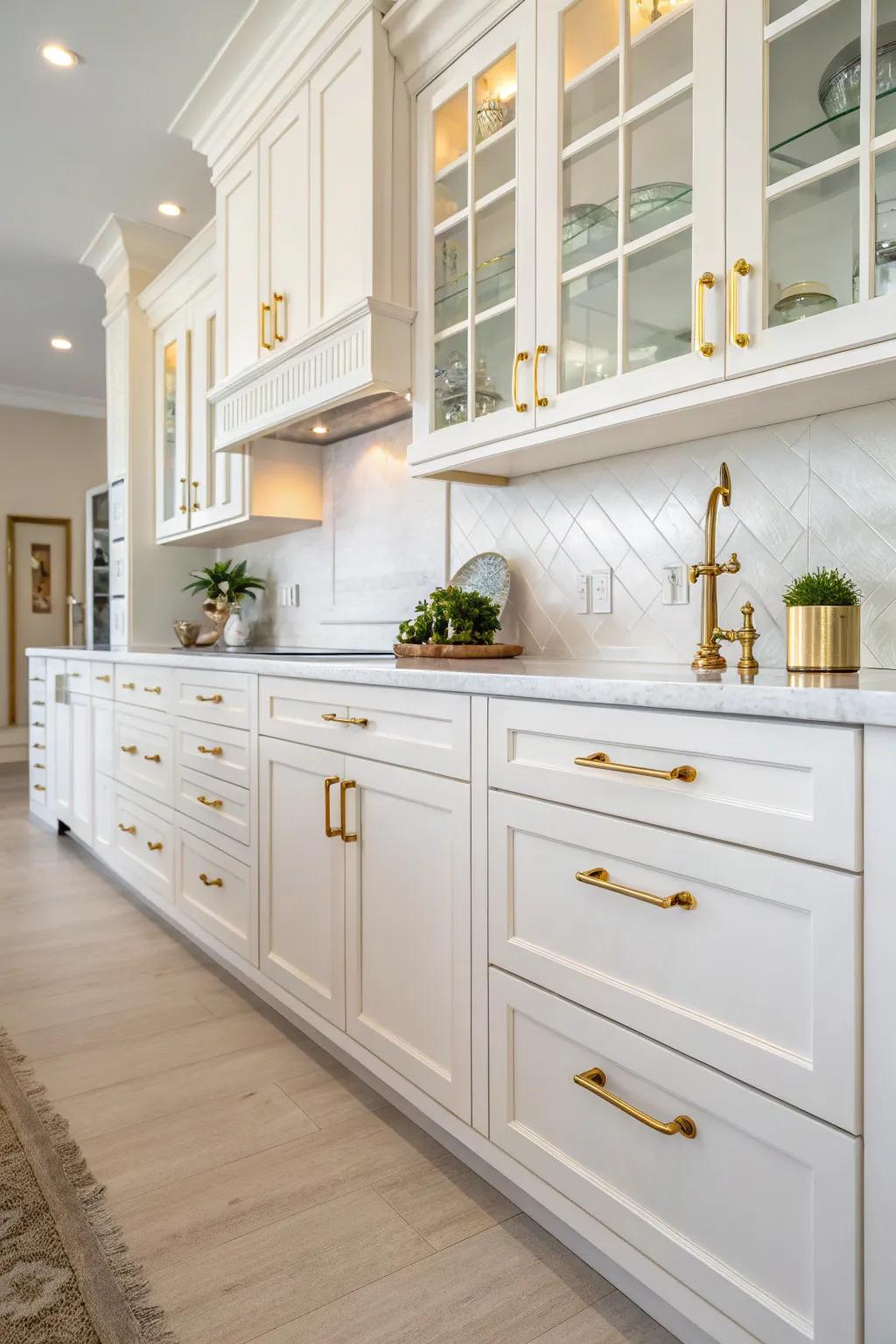 Graceful golden-accented hardware that elevates the kitchen's luxury.