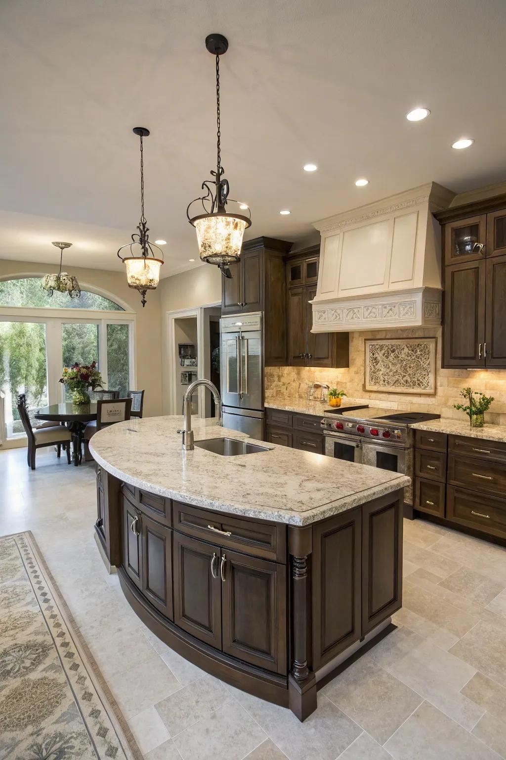 A dramatic sweeping kitchen island that enhances the room’s natural flow.