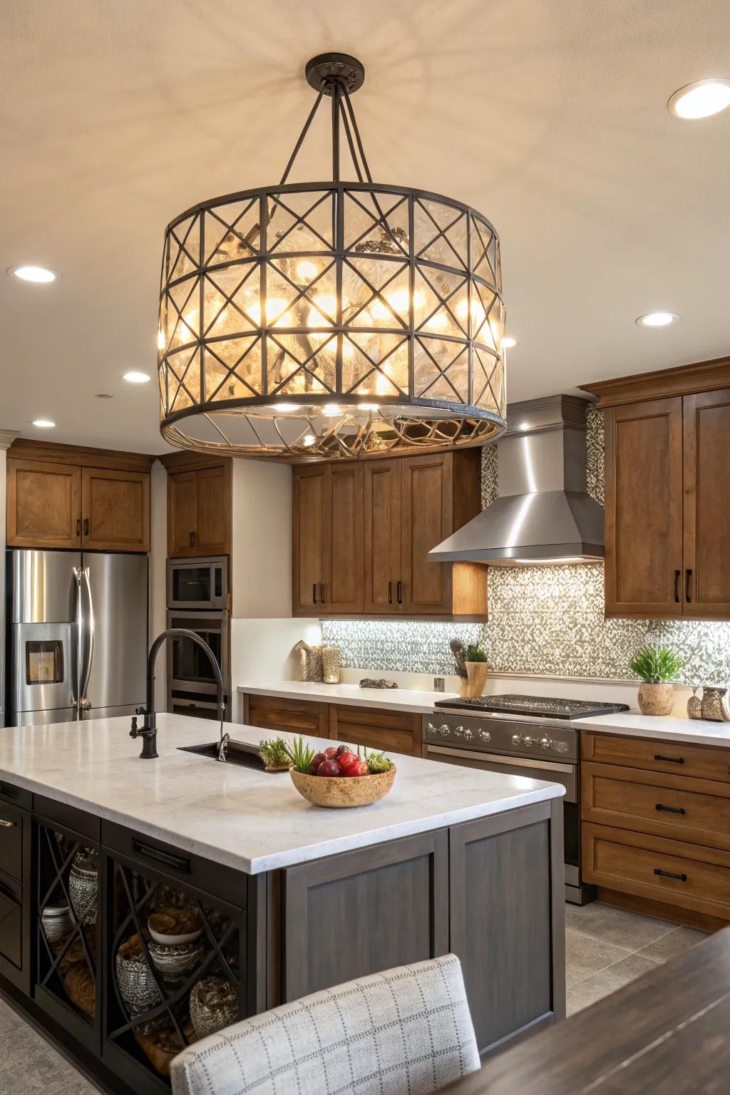 A large statement light fixture transforms this kitchen into an extraordinary space.