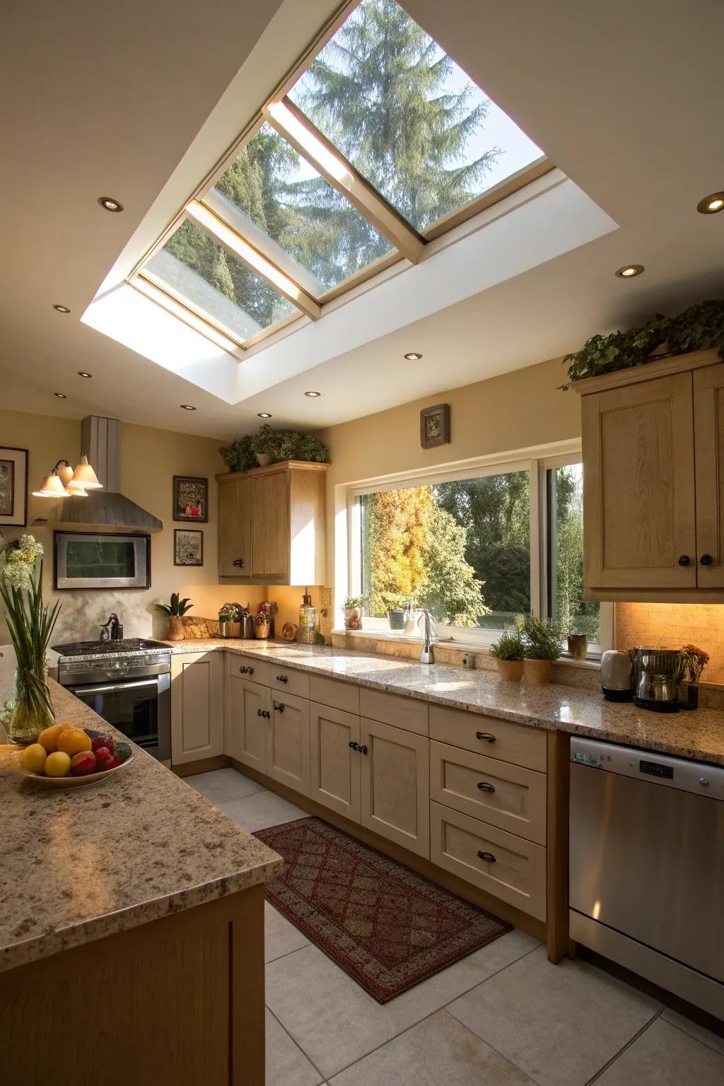 A kitchen enhanced by natural light from a skylight.