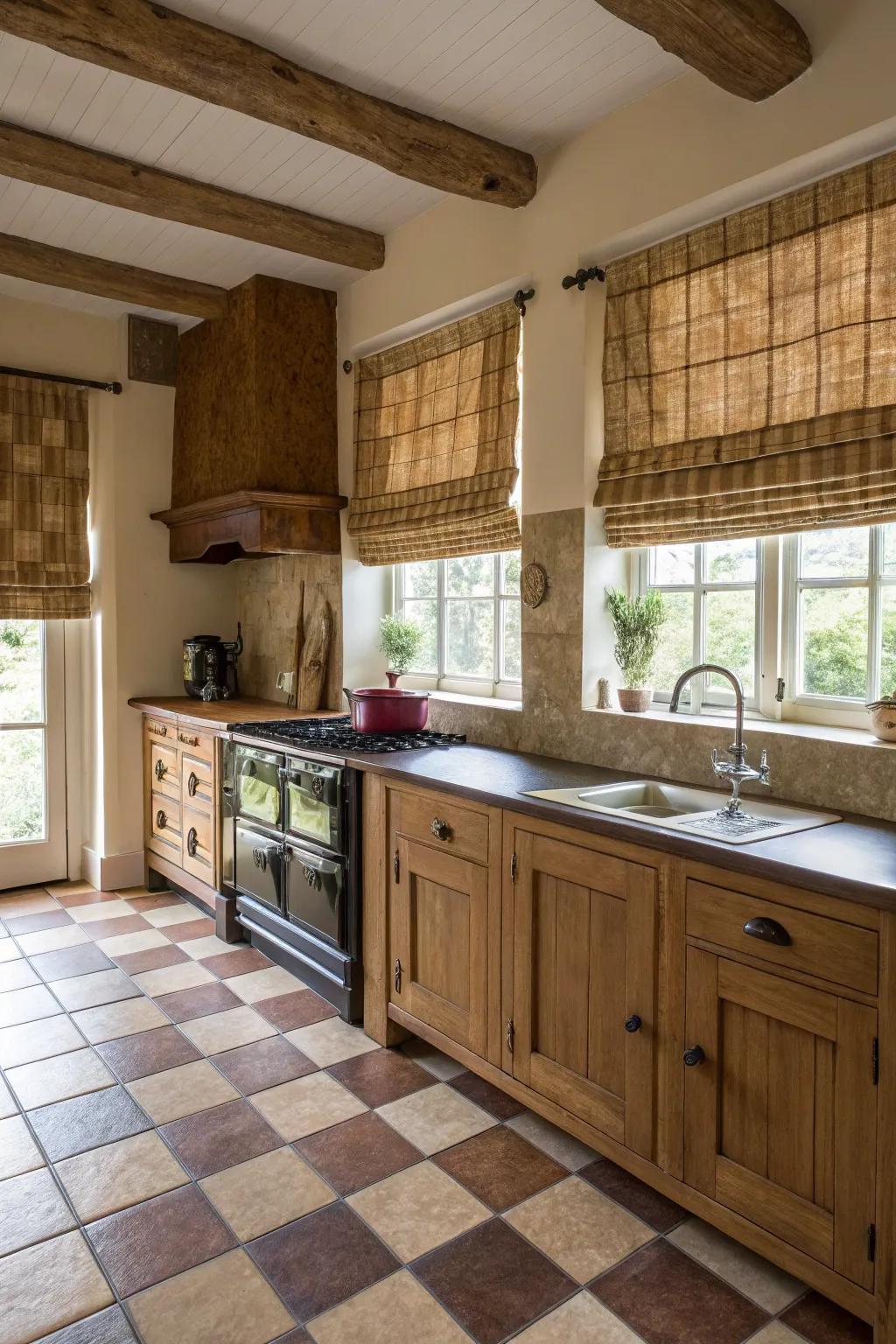 Earthy tones imbue rustic charm into the kitchen.