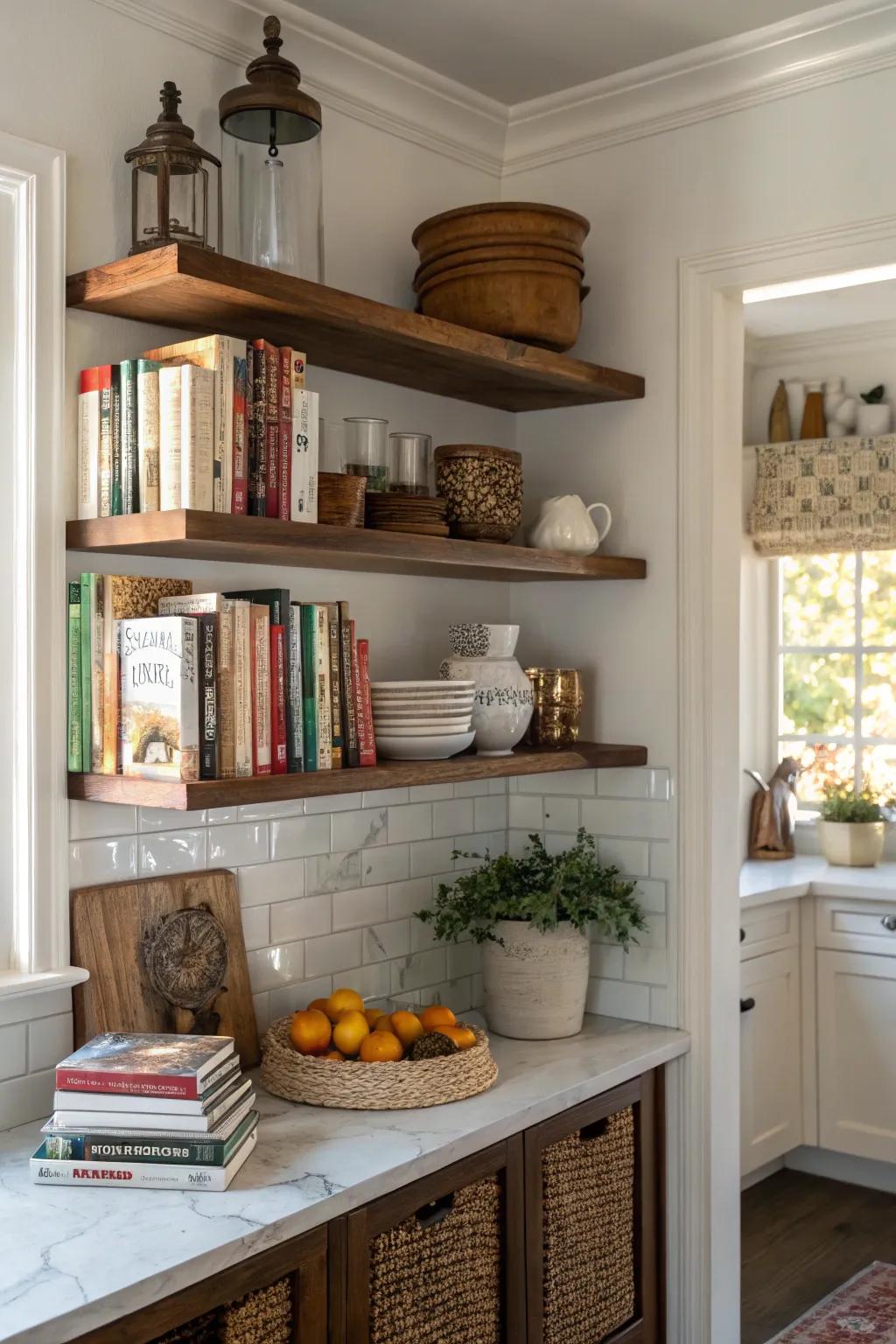 Productive consumption of corner space implementing L-shaped shelves.
