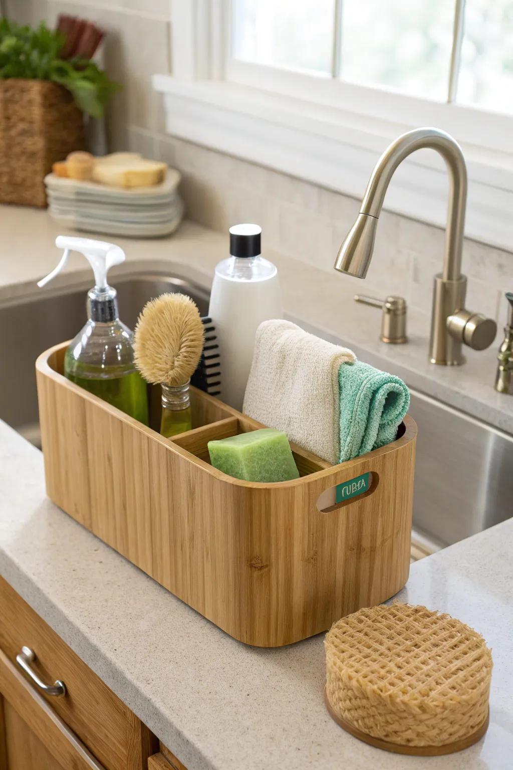 Eco-friendly bamboo storage units add warmth and sustainability.