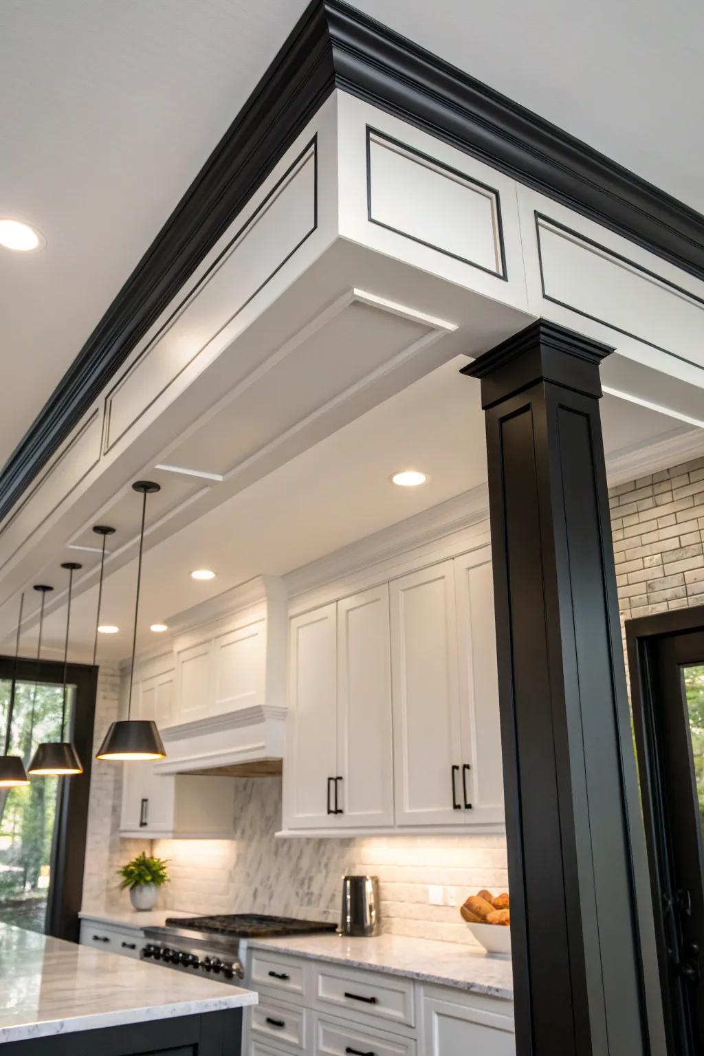 A soffit with accentuated trim gives the kitchen a striking, modern touch.