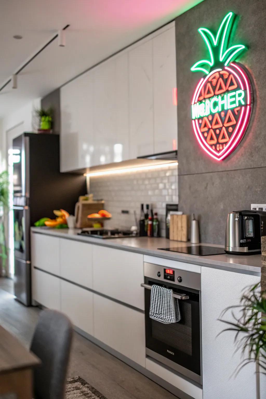 A modern kitchen showcasing a lively neon sign for a colorful twist.