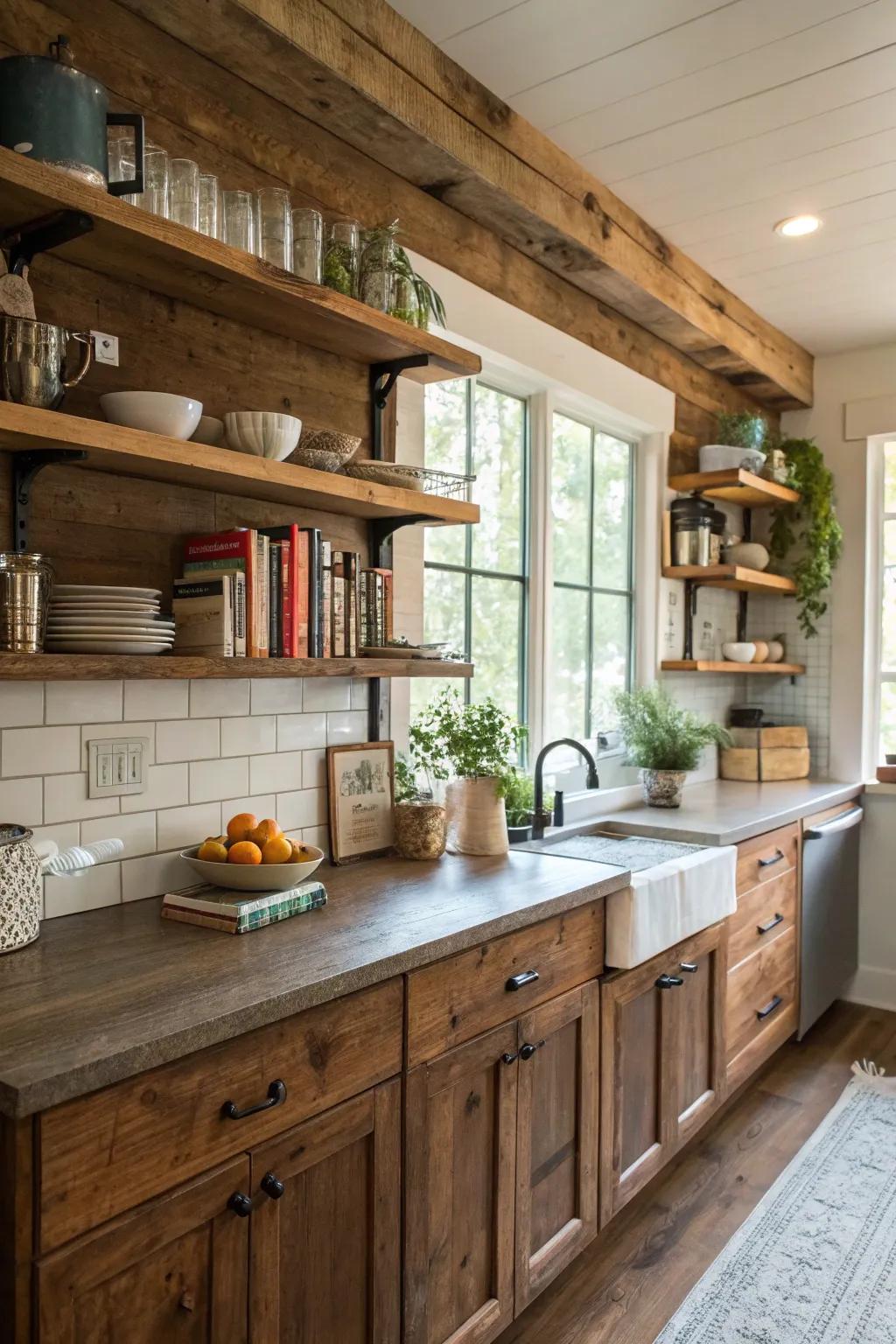 Recovered timber boards inject warmth and country charm into the kitchen.