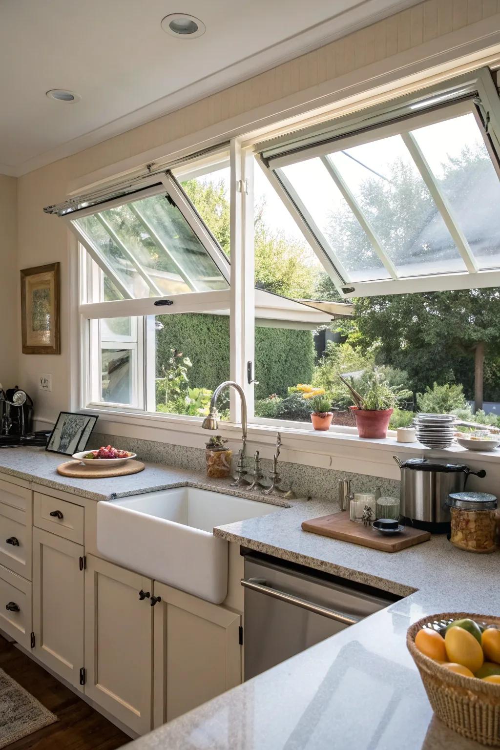 A kitchen showcasing tilting windows for optimal ventilation.