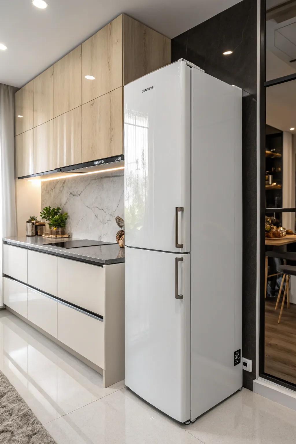 A slim, modern refrigerator enhances a sleek kitchen design.