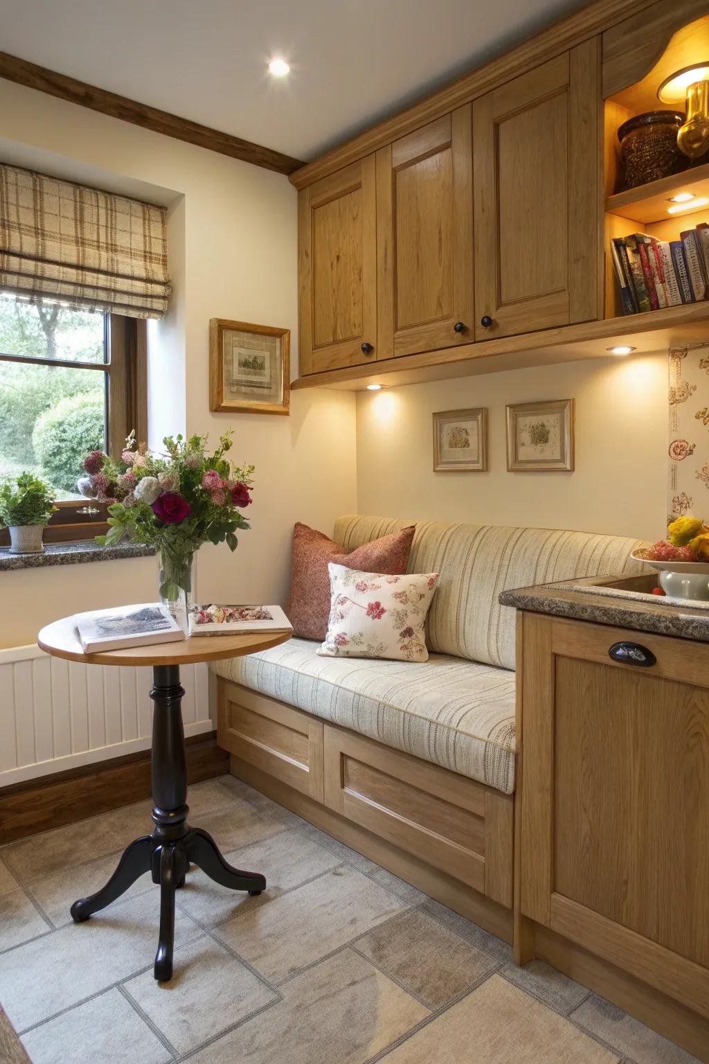 A cooking area segment transformed into a snug alcove with a petite settee for relaxation.