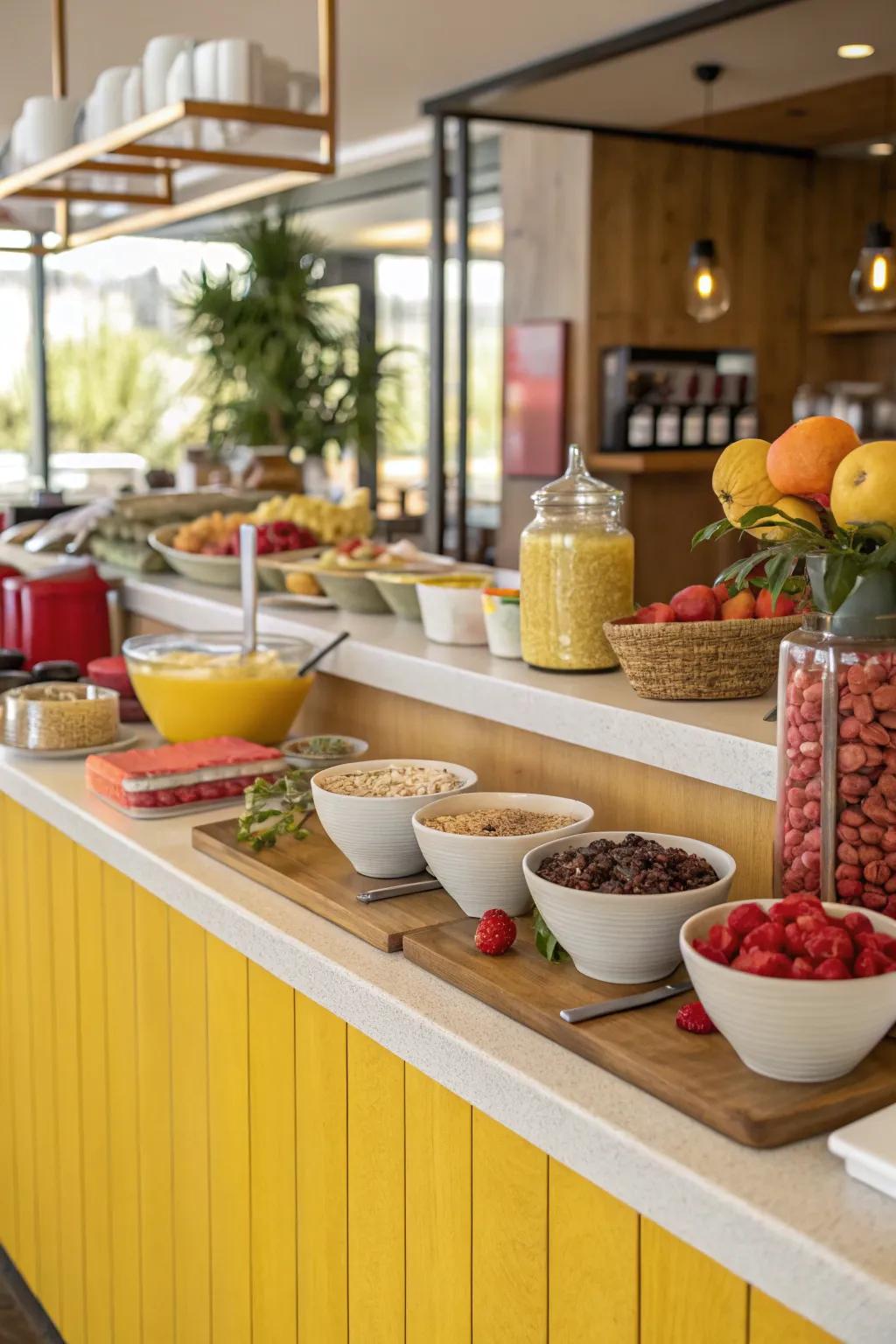 A breakfast bar featuring a vibrant highlight of color that adds excitement to the kitchen.