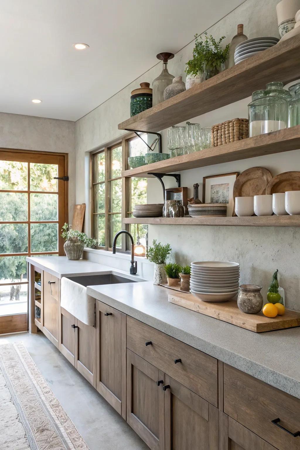 A functional kitchen with concrete worktops and stylish open shelving.