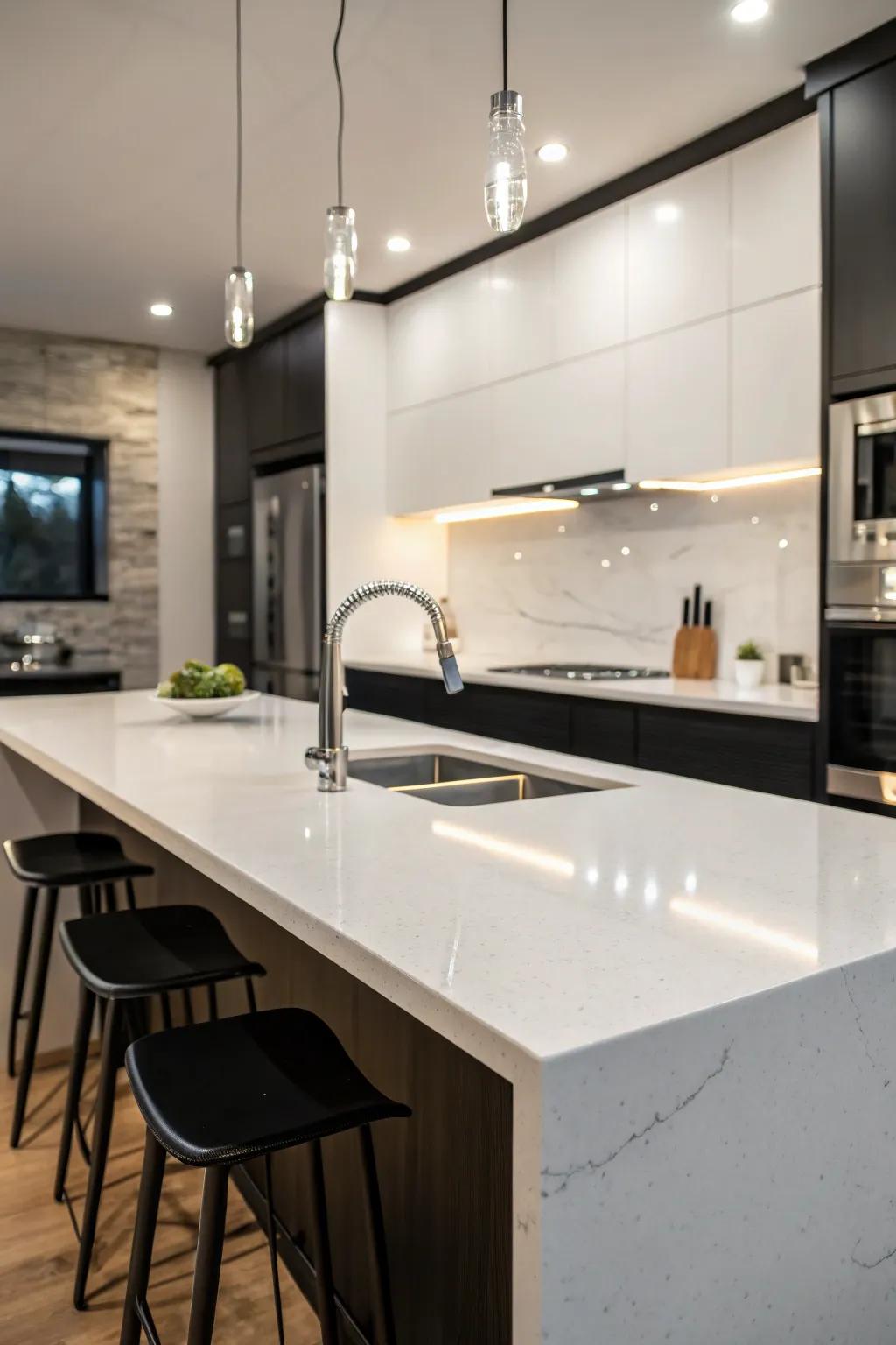 Contemporary achromatic wizardry realized through quartz worktops.