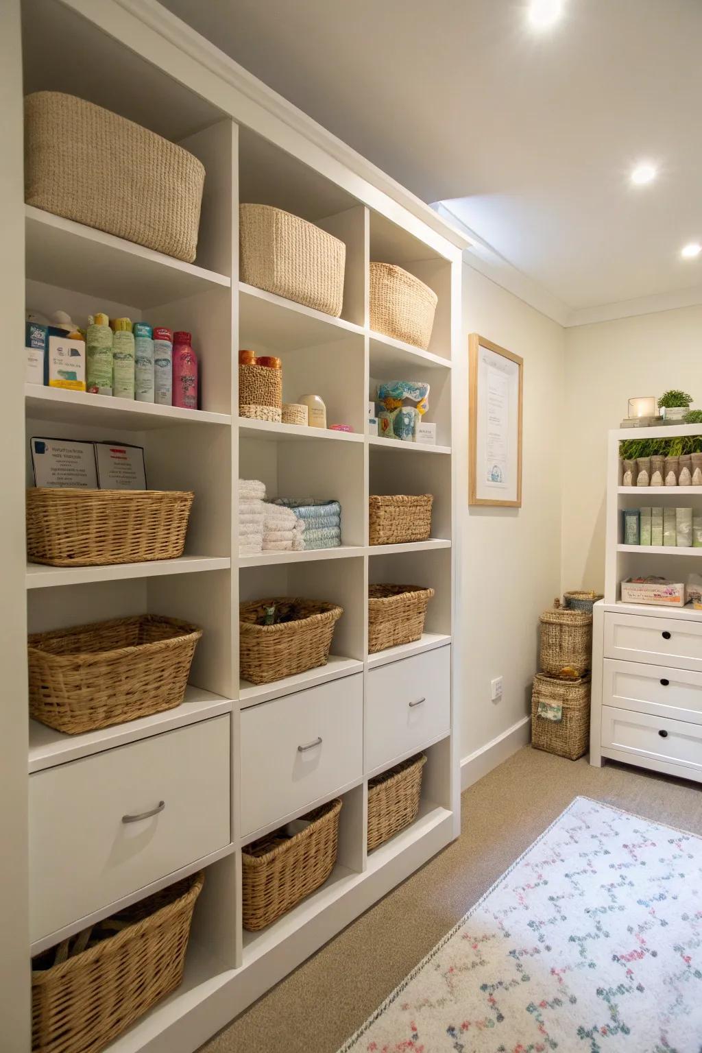 Fitted shelves and baskets offering whimsical storage solutions.