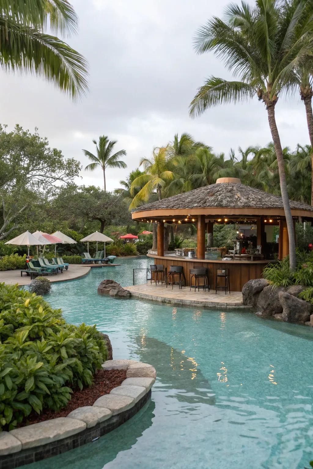Swim-up refreshment areas transport a resort atmosphere to lagoon pools.