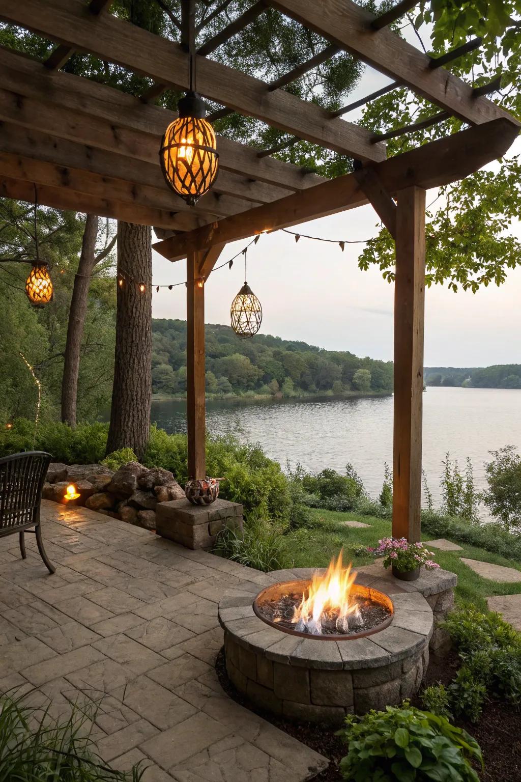 A pergola fire pit mixes style and purpose in your lakeside space.