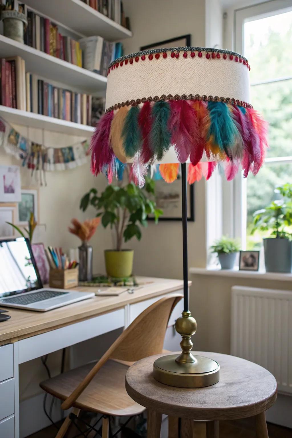 <strong><em>Add whimsy with plumage on your lampshade.</em></strong>” loading=”lazy” class=”pimg”>
	</picture><figcaption><strong><em>Add whimsy with plumage on your lampshade.</em></strong></figcaption></figure>
<p><strong><em>Plumage can add a unique and playful flair to your lampshade.</em></strong> I once used them for a whimsical touch in my home office.</p>
<h3>Try these:</h3>
<ul class=