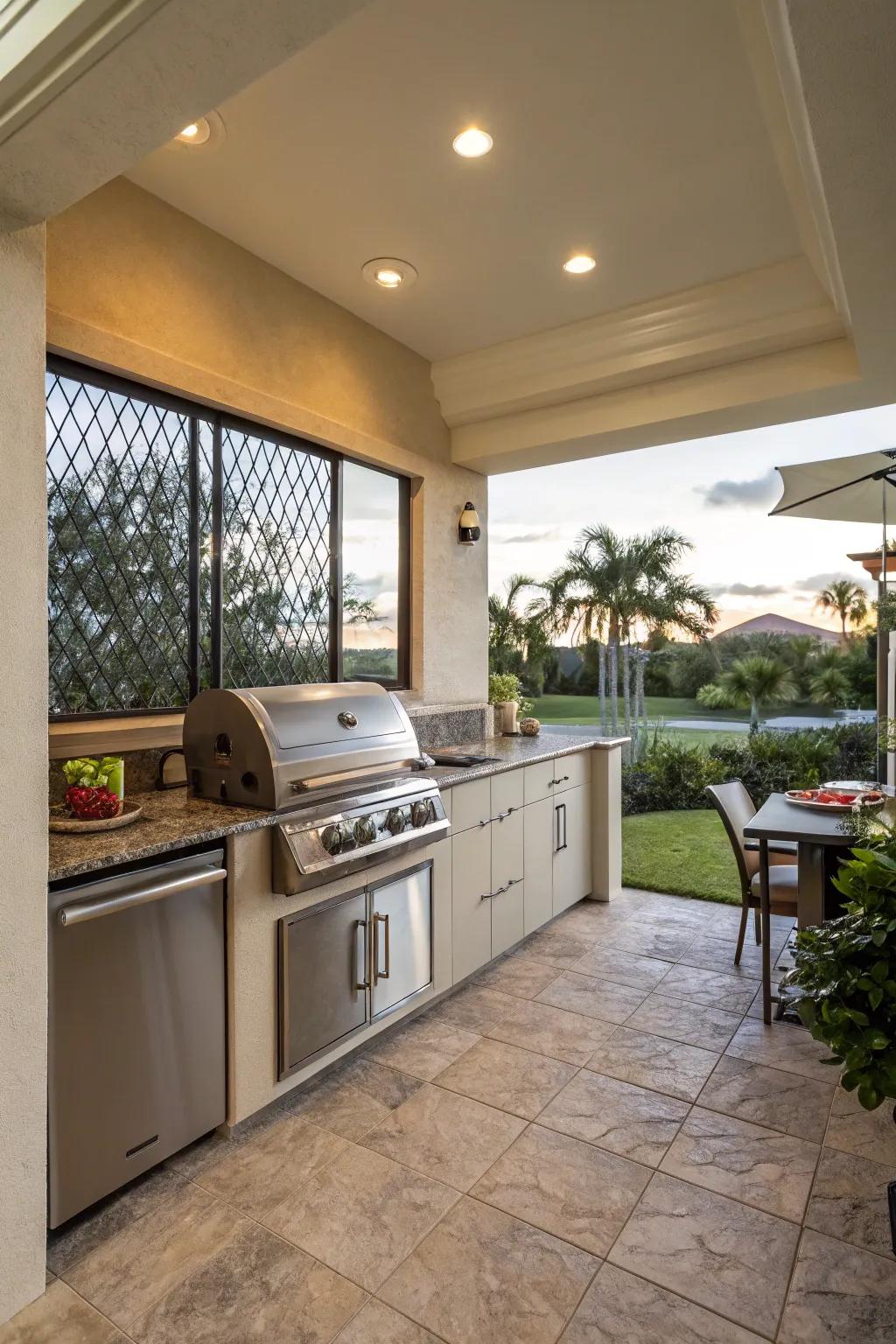 An outdoor kitchen makes this lanai a perfect entertaining spot.