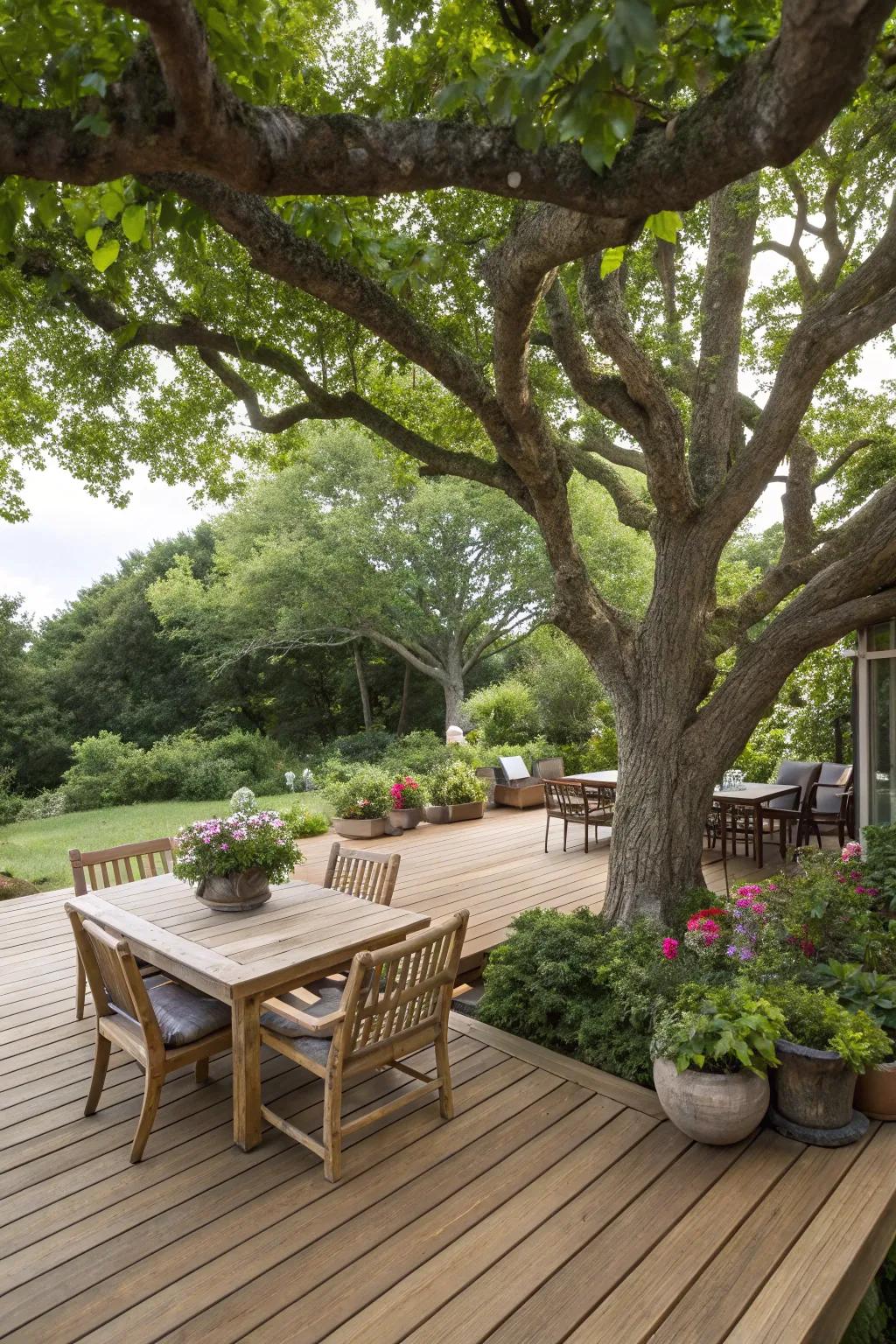 A tree can anchor an inviting deck or terrace.