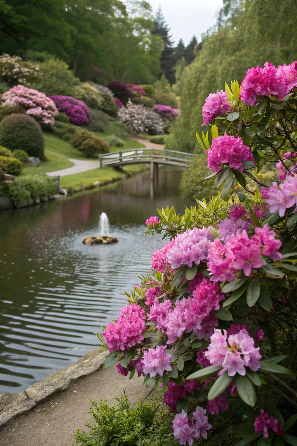 Rhododendrons enriching a tranquil garden aquatic element.