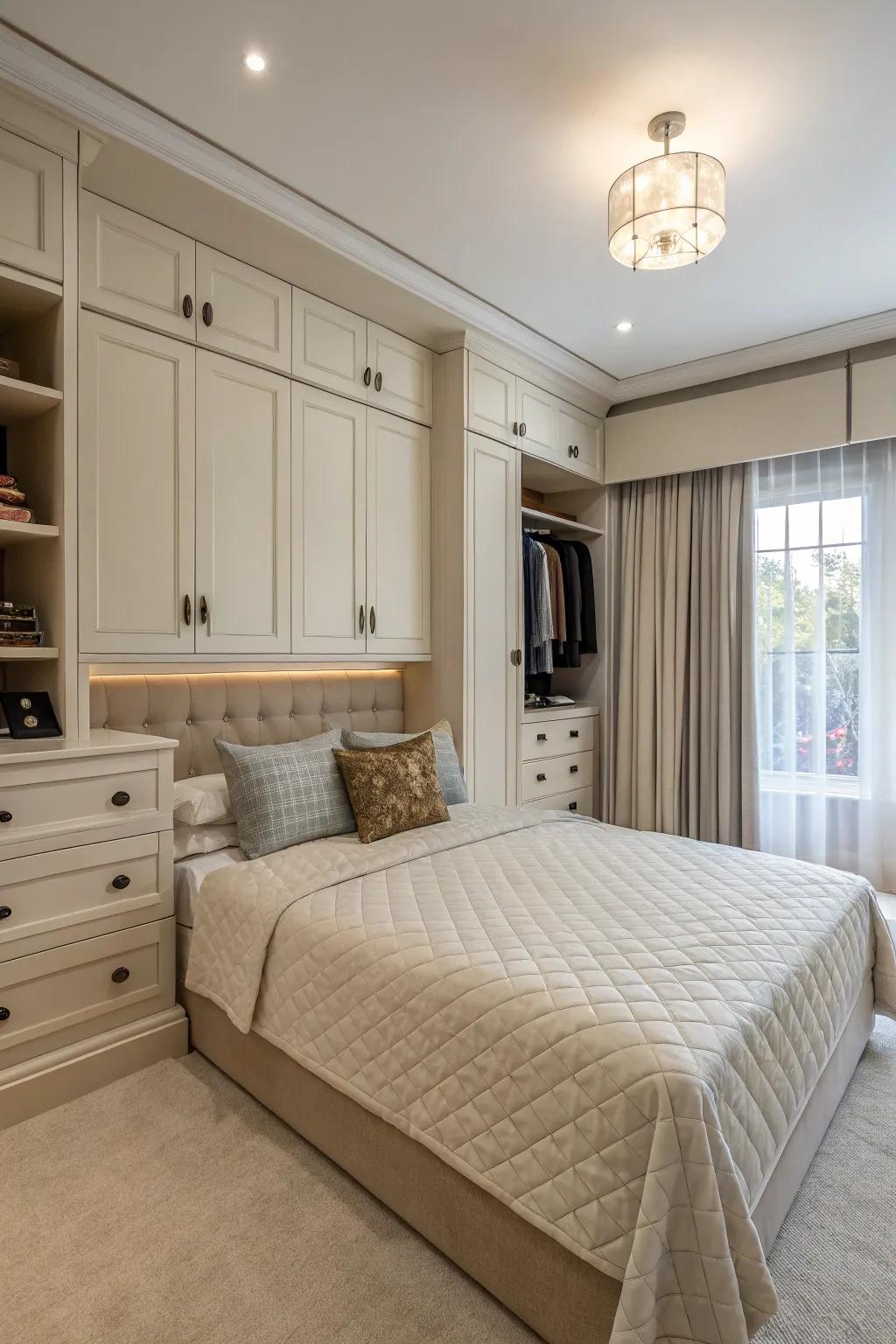 Functional storage retains this ample boudoir elegant and free from clutter.