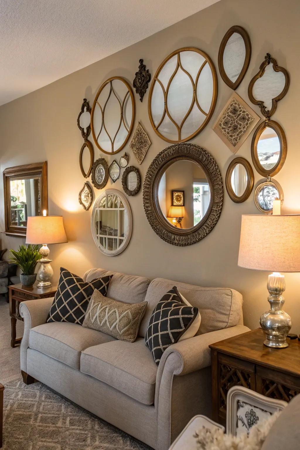 A reflection gallery wall adds artistic flair and dimension.