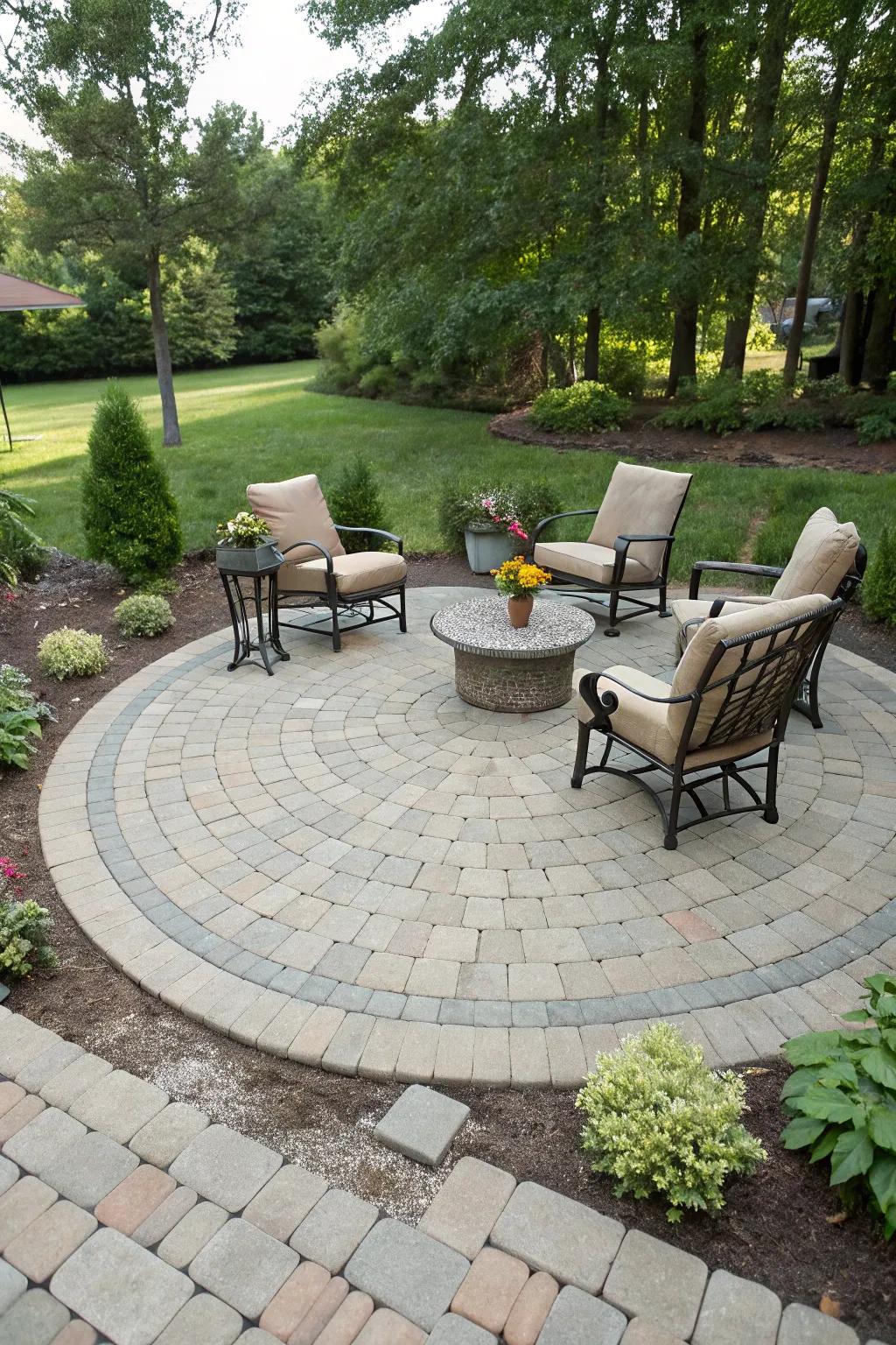 Circular designs emphasize elegance and focus in patio spaces.