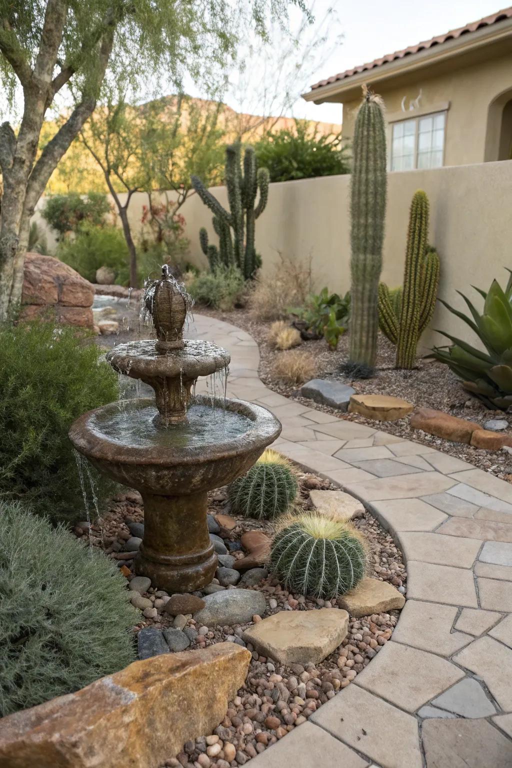 Small water fountain nestled amongst desert flora in a Las Vegas backyard.