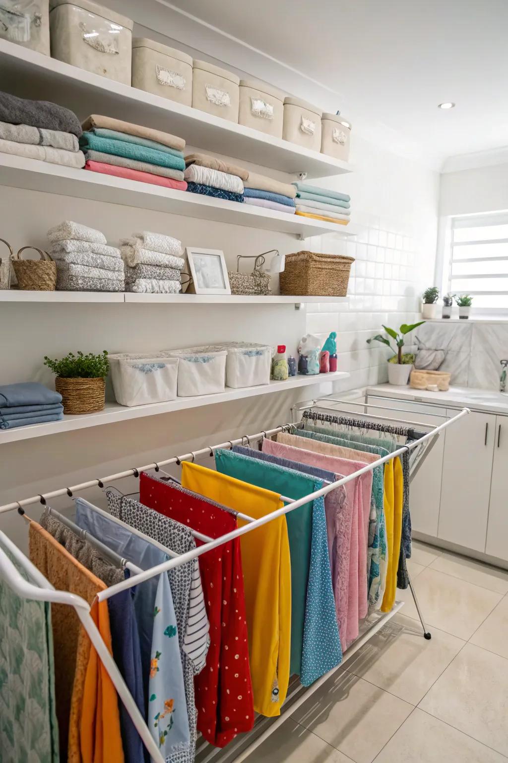 Below-shelf drying shelves maximize area in a small washing area.
