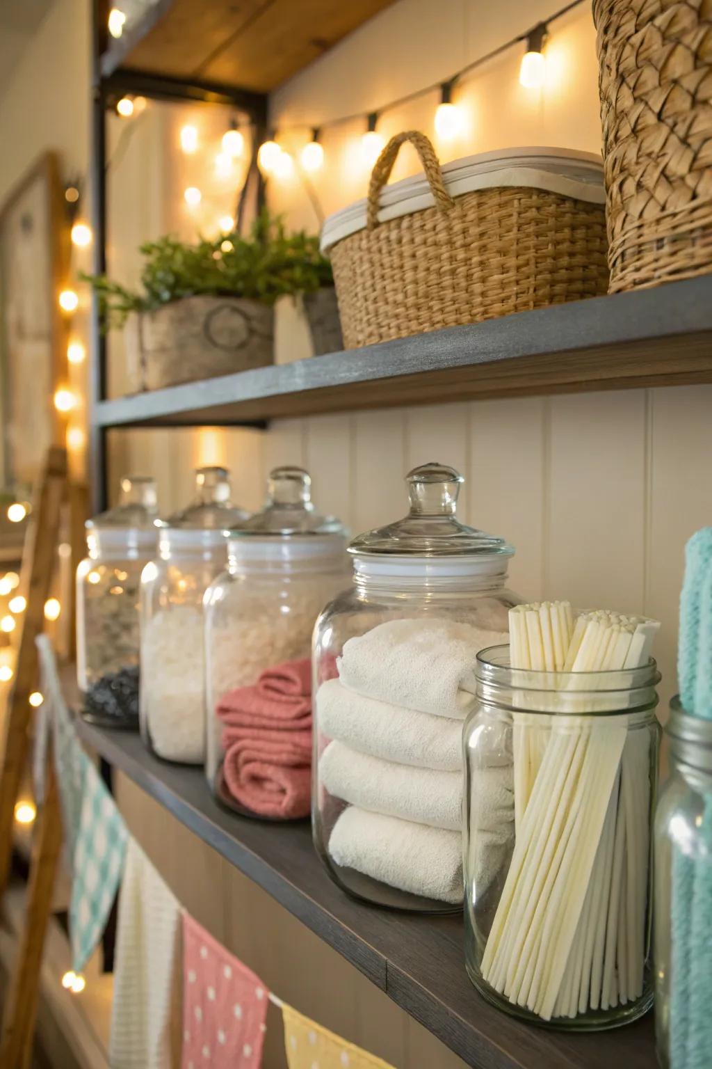 Receptacles can stow more than just laundry provisions, enhancing utility.
