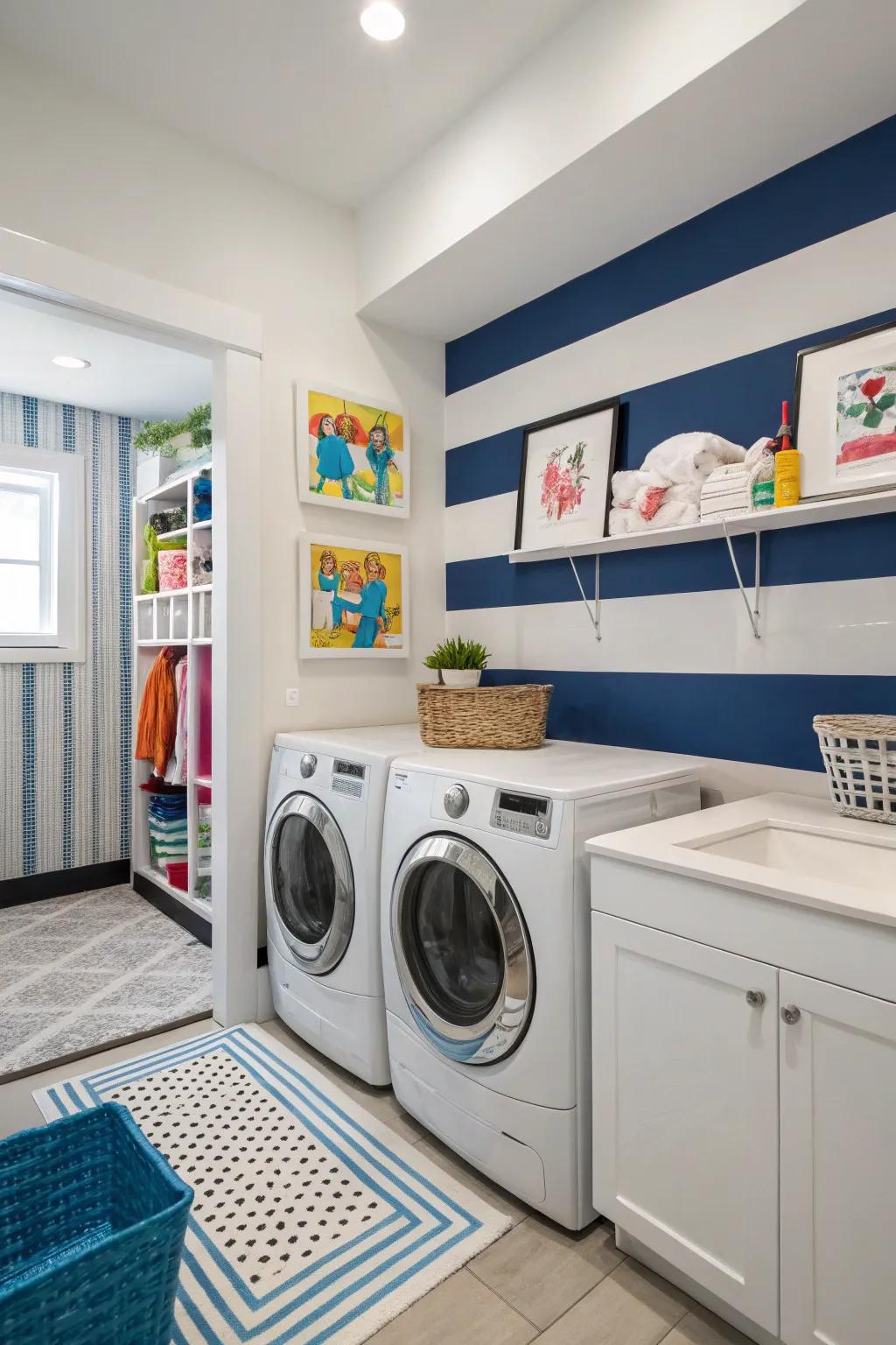 Banded walls impart a playful dynamic to your laundry space.