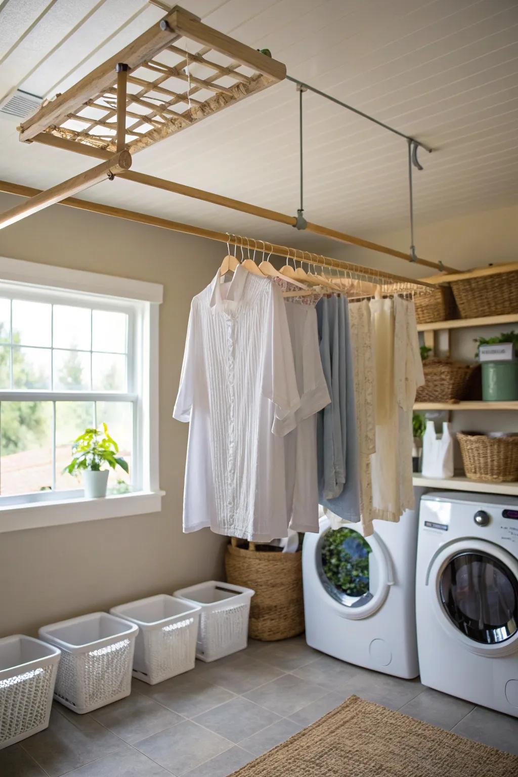 A ceiling-suspended drying rack adds functionality and style.