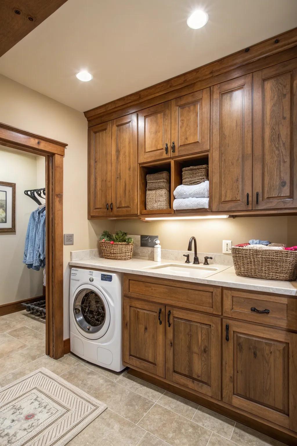 Bespoke wood enclosures give washbasins a built-in, stylish look.