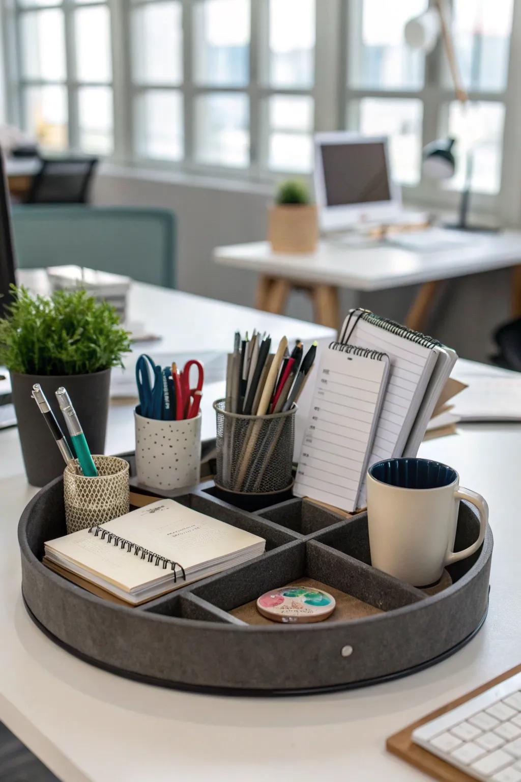 A well-organized Lazy Susan will allow you to optimize your office space.