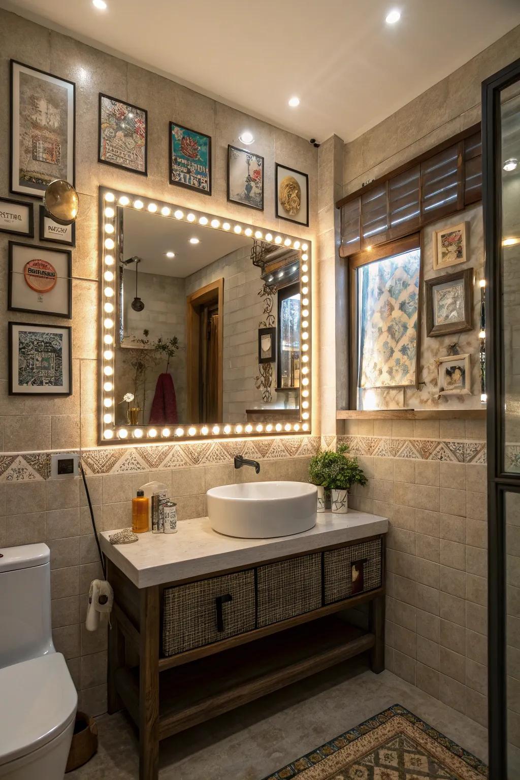 An eclectic bathroom design featuring a gallery of small illuminated mirrors.