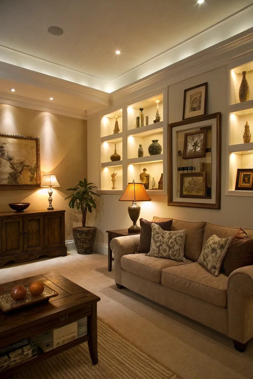 Modern touch using inset LED wall nooks.