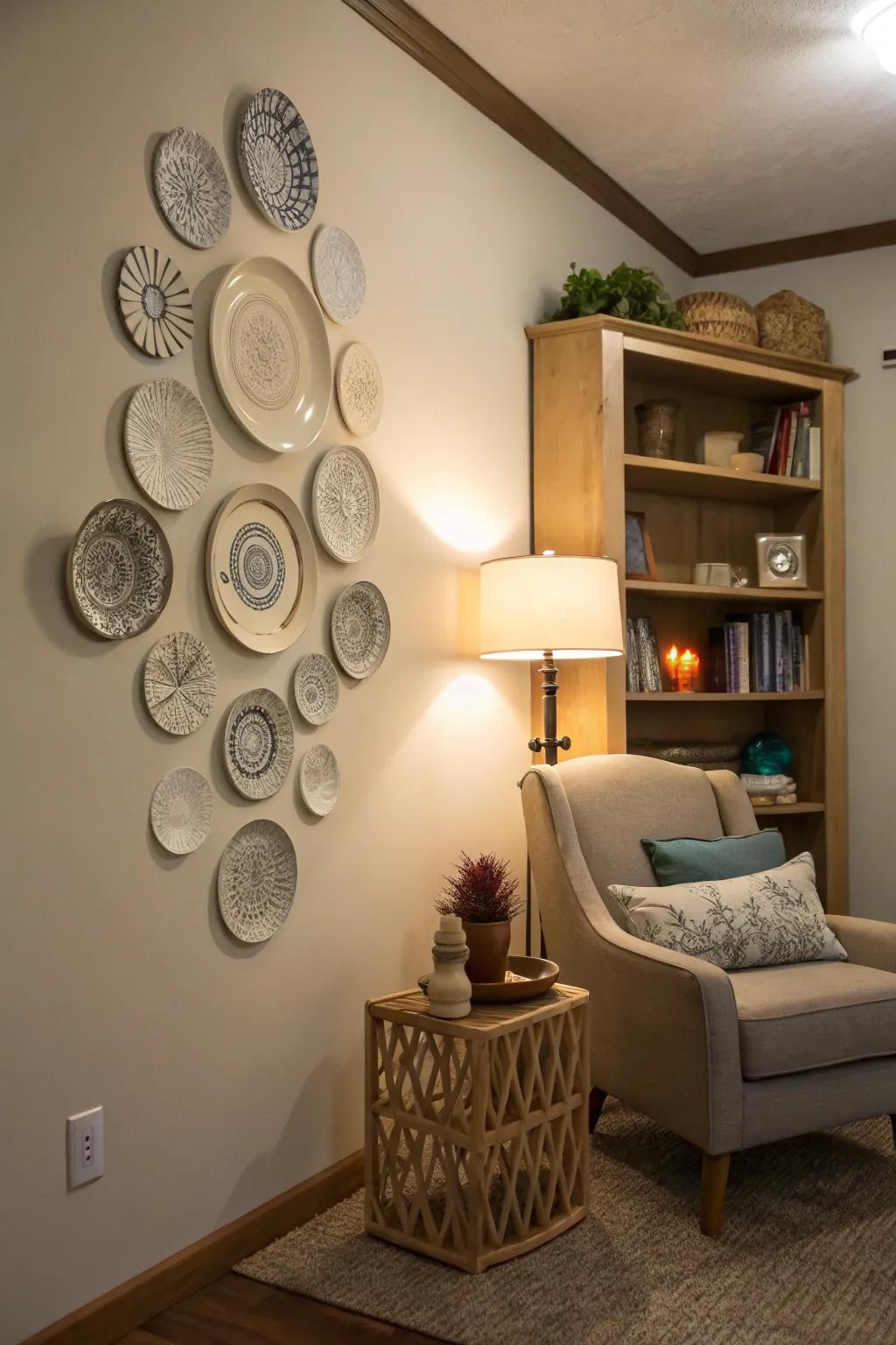 A mindful art installation using plates, bringing serenity to a home.