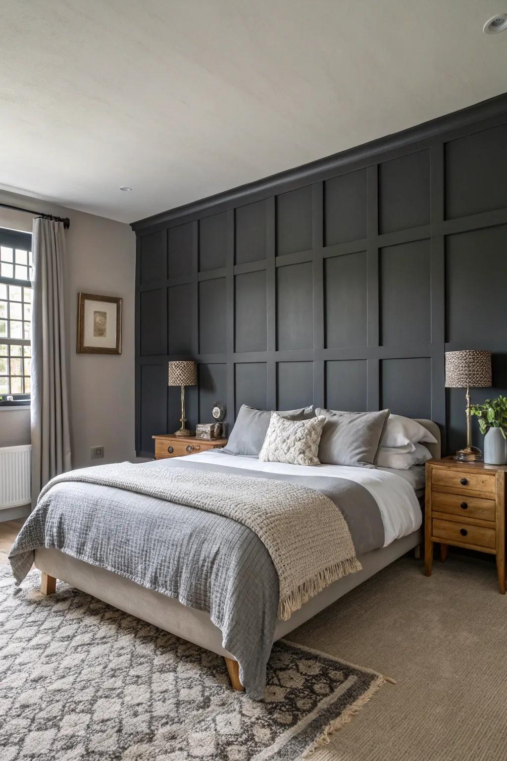 A dark focal point adds drama to a pale grey sleeping space.