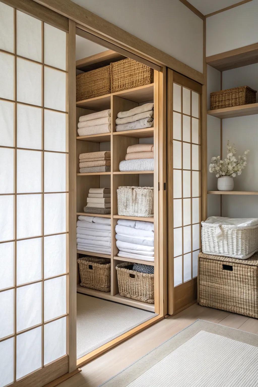 Shoji panels that slide furnish sophistication and tranquility to a linen closet.
