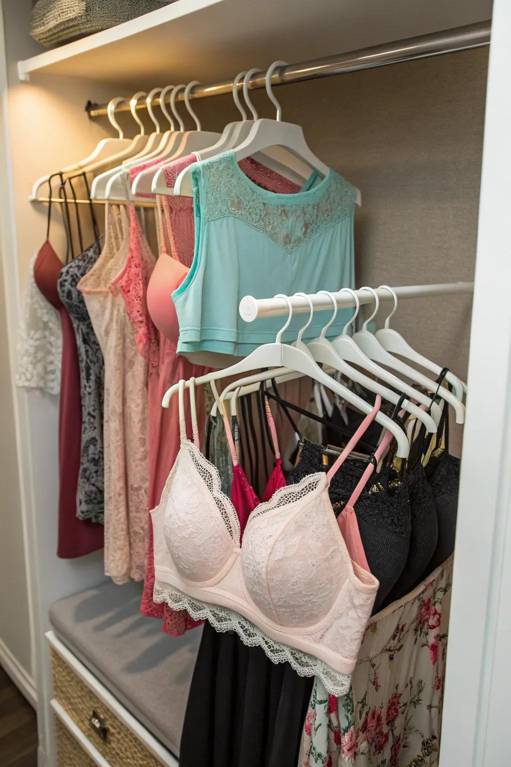 Staggered hangers make the most of limited closet space.
