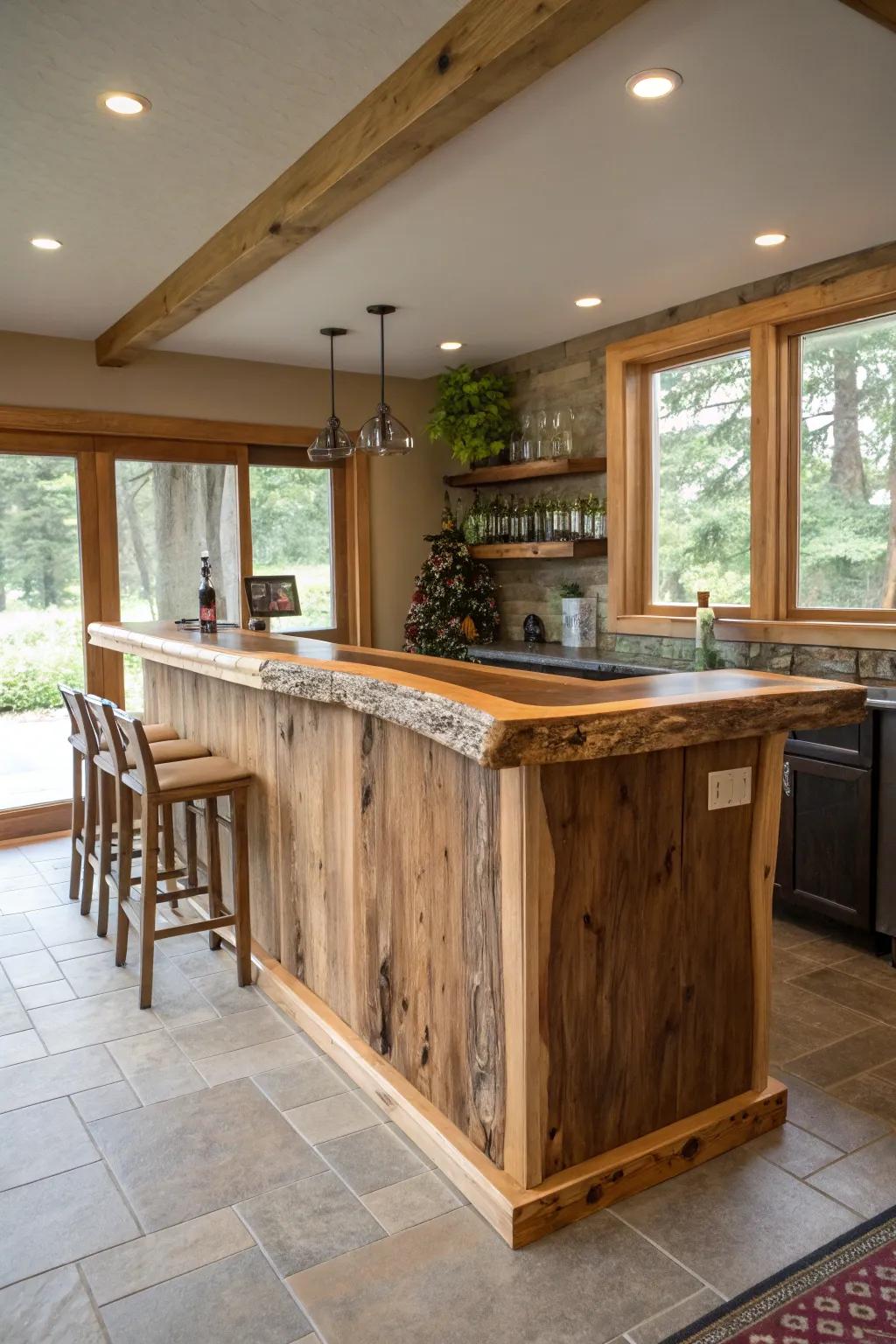 A natural-edge bar crafted from locally sourced timber, highlighting sustainable design.