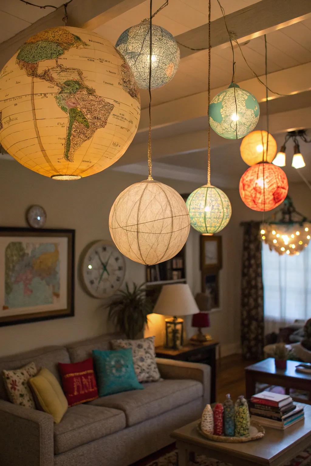 Globe lights enhance whimsy with their spherical shapes.