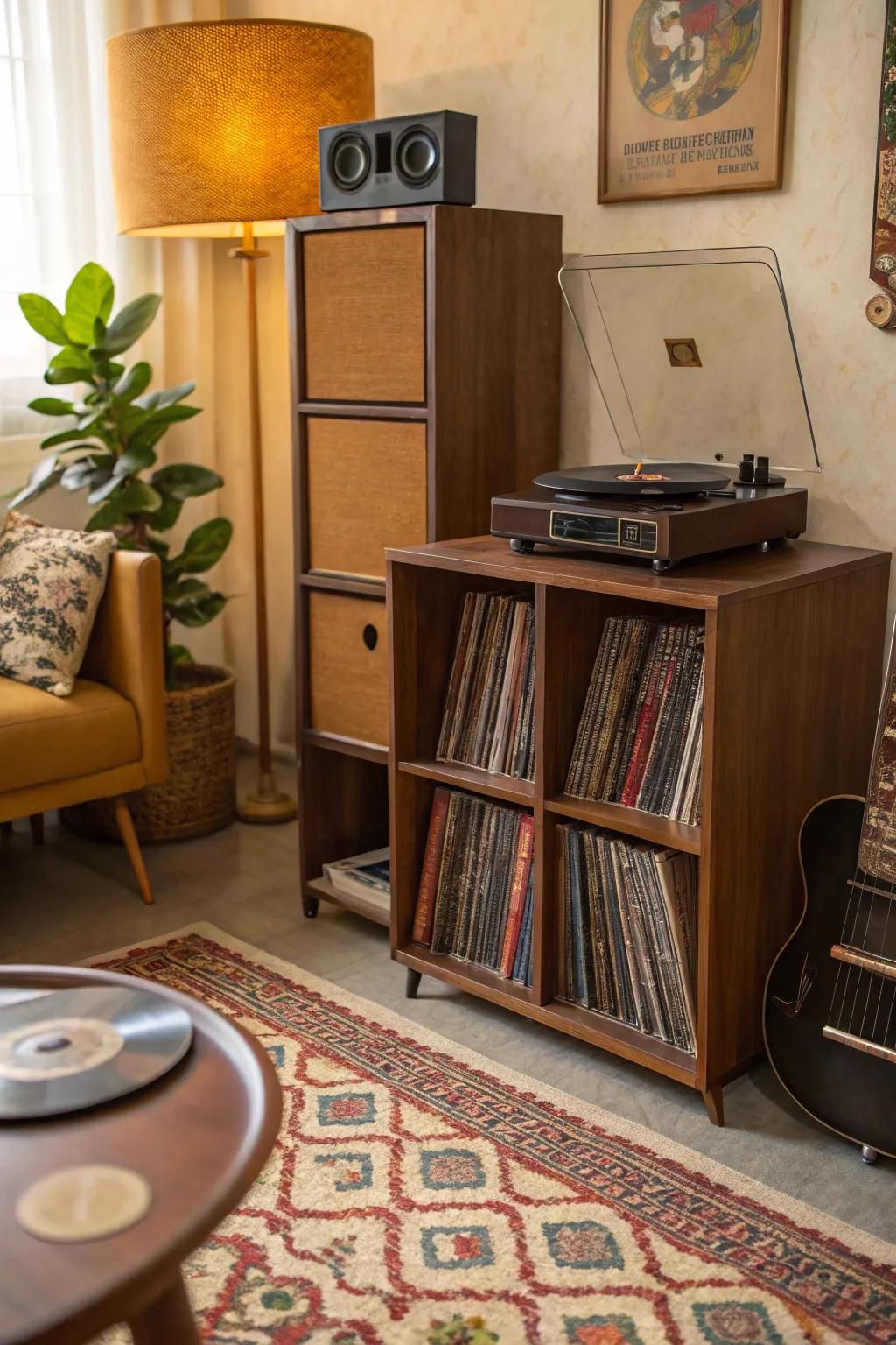 A retro record sanctuary using cube storage to exude a nostalgic vibe.