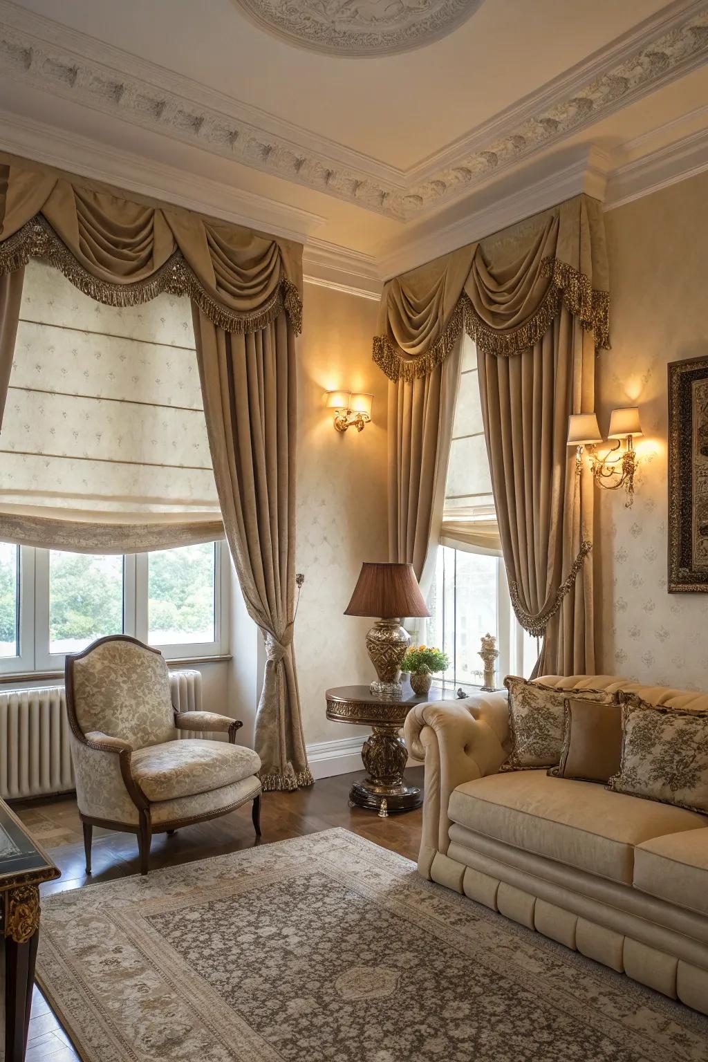 Roman-style shades render a traditional and refined embellishment.