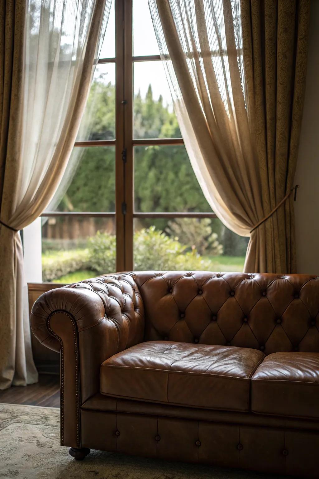Drapes impart grace and snugness around the settee.