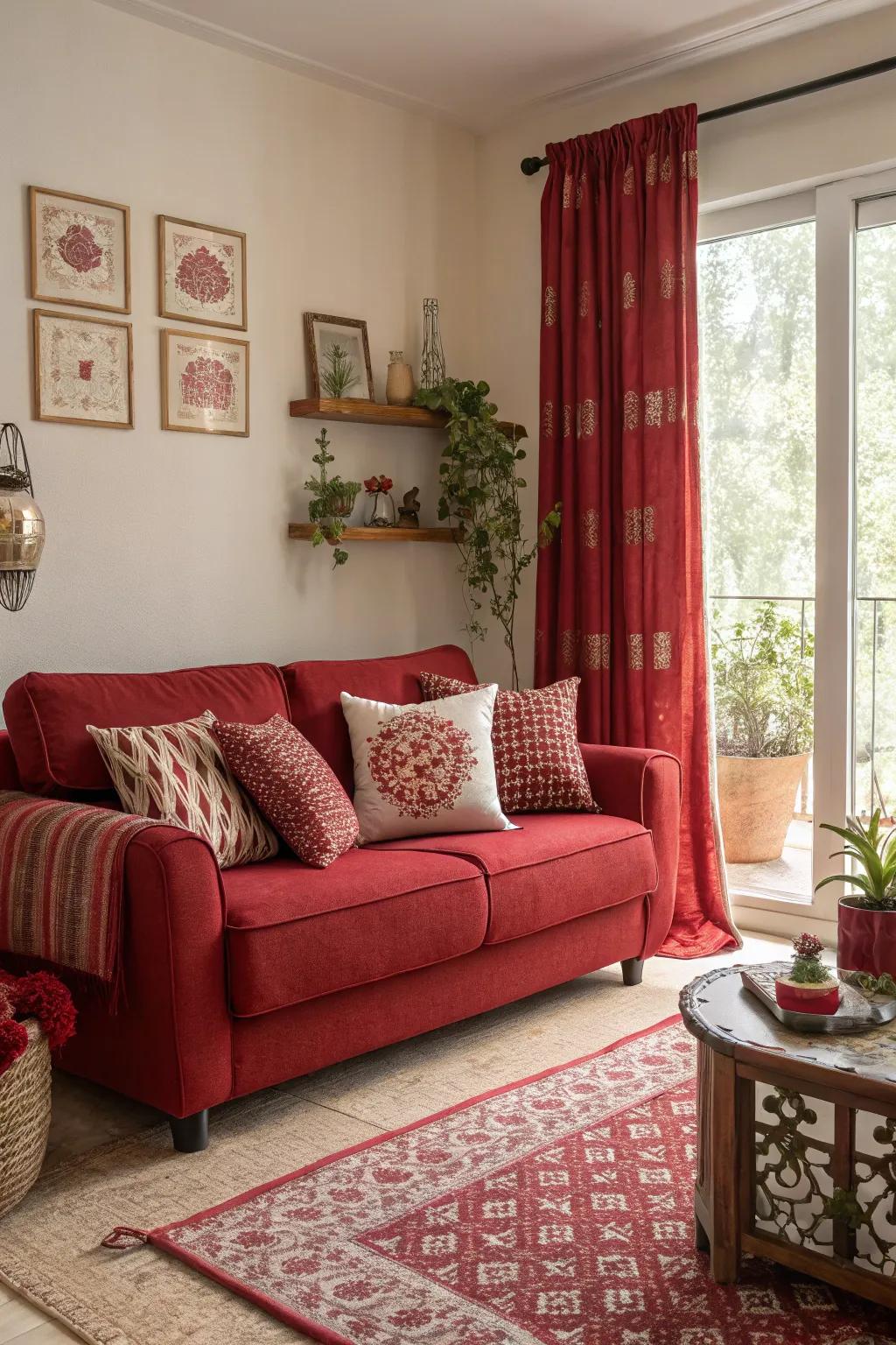 A monochromatic ruby scheme binds the room together for a daring and cohesive aesthetic.